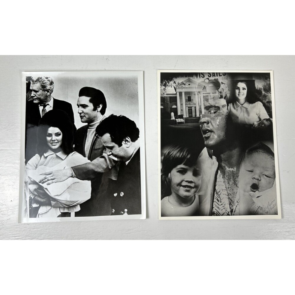 VTG Elvis Presley Family Photo Lot (2) B&W Glossy Prints Priscilla Lisa Marie